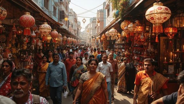 Vibrant indian market street with hanging lanterns and crowds