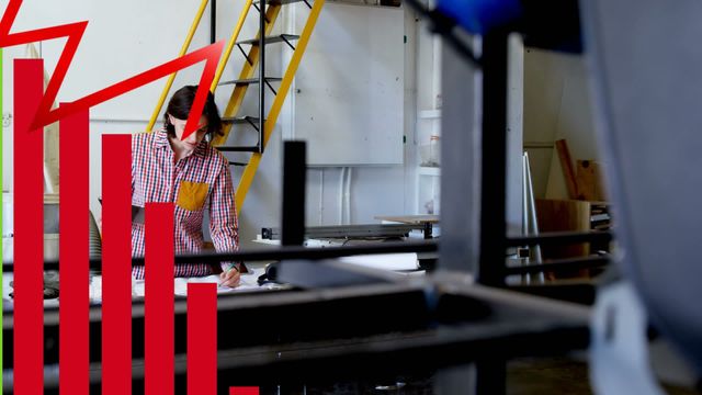 A Caucasian businesswoman analyzing data, with animated red graphs superimposed, symbolizes growth and success in a modern office setting. Ideal for articles or content related to industrial business environments, data analysis, entrepreneurial ventures, and statistical progress in business. Perfect for business reports, educational materials and business concept imagery.