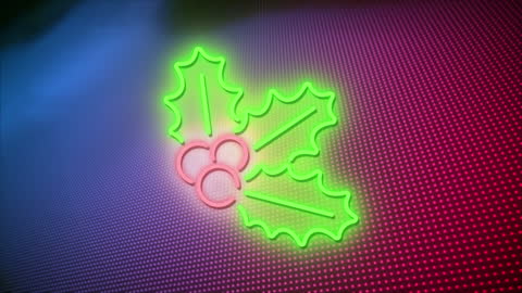 Neon Glow of Holly Leaves on Red Dotted Backdrop