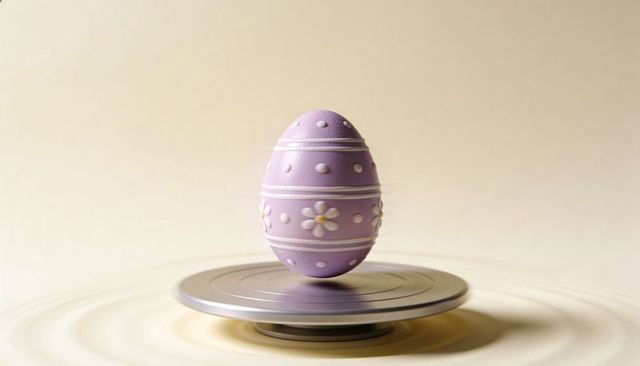 Levitating pastel purple easter egg with daisy pattern rotating above metallic base