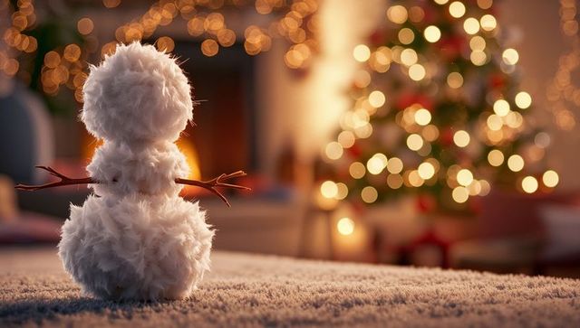 Cozy Snowman by Christmas Tree with Bokeh Holiday Lights