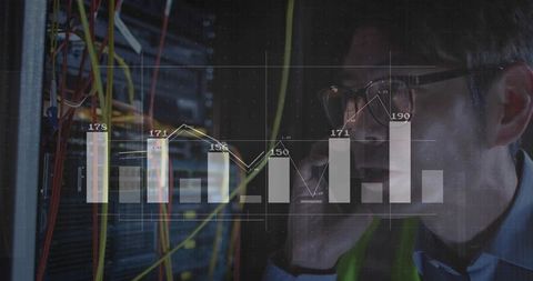 Network technician monitoring server racks with analytics overlay and patch cables