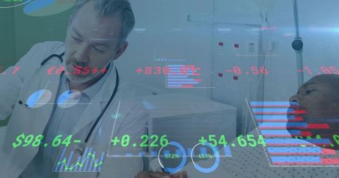 Doctor leaning over patient reviewing tablet with overlaid medical analytics dashboard
