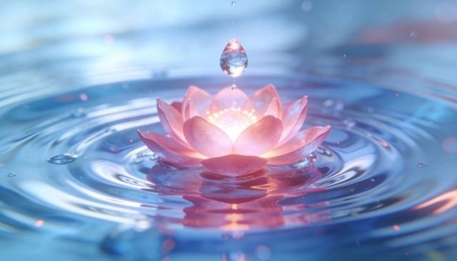 Luminous pink lotus floating on rippled water with suspended droplet and soft glow