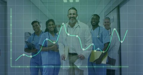 Diverse Medical Team Standing with Data Overlay Showing Hospital Performance Trends