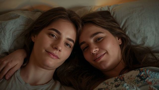 Two women lying in bed sharing cozy nighttime moment under floral duvet