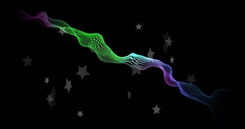 Iridescent neon wave ribbon flowing diagonally across dark starfield backdrop