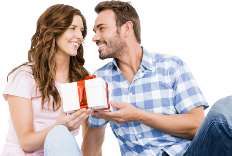 Couple sharing romantic moment with transparent gift exchange