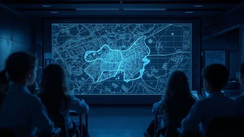 Students engaging with interactive digital map in futuristic classroom