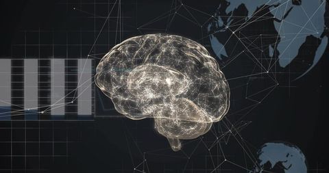 Floating holographic brain pulsing with neural network connections and data visualization