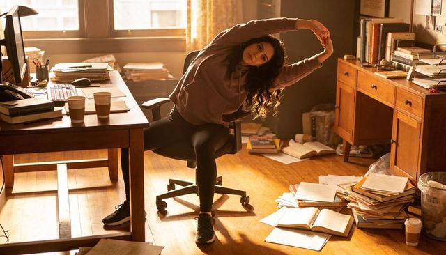 Woman stretching in sunlit home office surrounded by books, papers and coffee cup