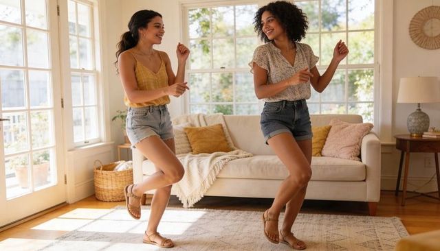 Sunlit living room friends dancing in summer outfits and sandals enjoying joyful home