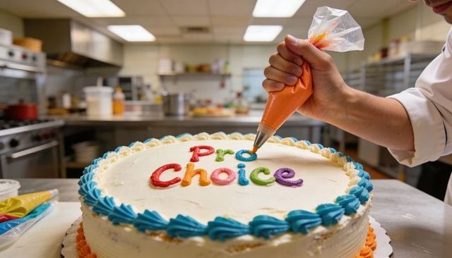 Baker piping colorful 'pro choice' lettering on celebration cake in professional kitchen