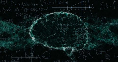 Brain model with mathematical equations on black background