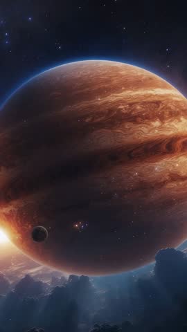 Vertical Cinematic Reveal: Orbiting Gas Giant with Swirling Bands, Moons and Nebula