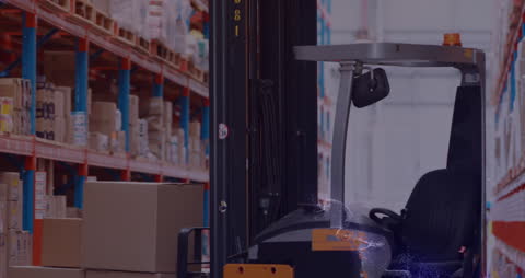 Forklift Transporting Boxes in Warehouse with Digital Overlay