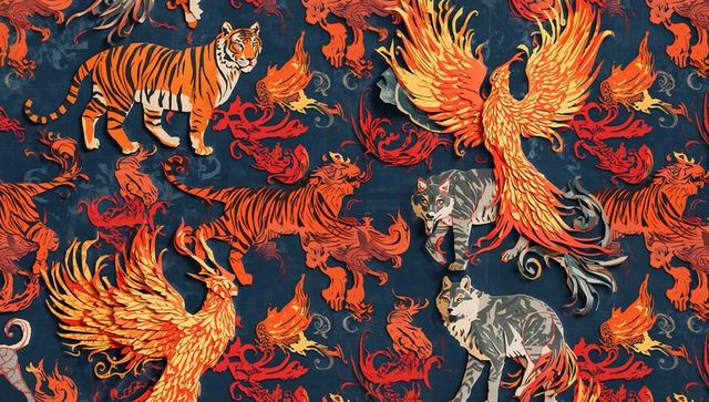 Mythical creatures pattern with phoenix and tiger designs