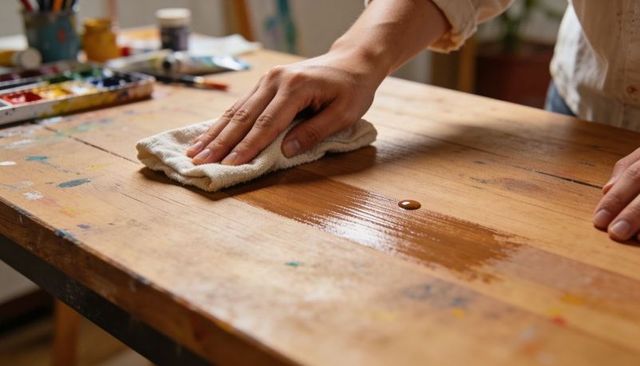 Artist wiping paint-stained wooden workbench with cloth in art studio workspace
