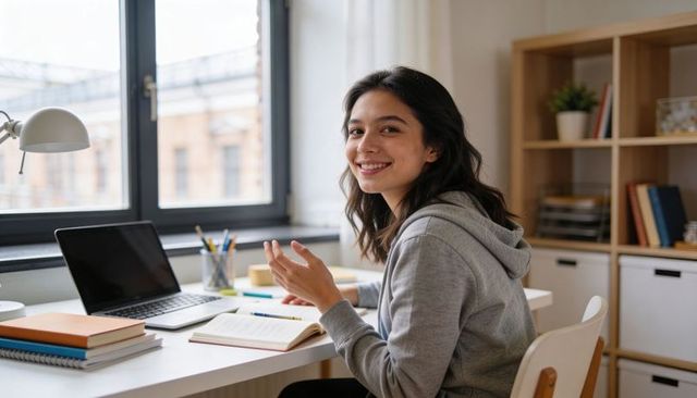 Smiling student studying at bright home desk with laptop and books for remote learning