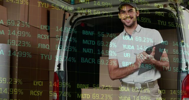 Image showcasing a man holding a digital tablet while standing near an open delivery van with stock market data overlay. Ideal for use in articles, blogs, or advertisements related to e-commerce, logistics, financial analysis, or technology advancements in transportation and delivery systems.