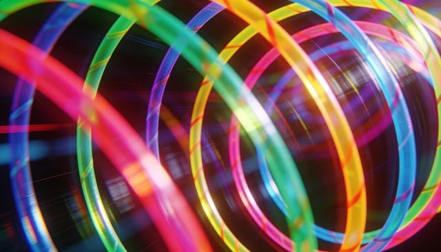 Spinning neon hoops forming vibrant spiraling light trails for abstract tech background
