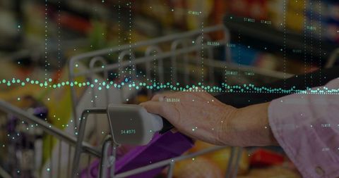 Senior Woman Gripping Shopping Cart Handle in Supermarket Showing Data Overlay