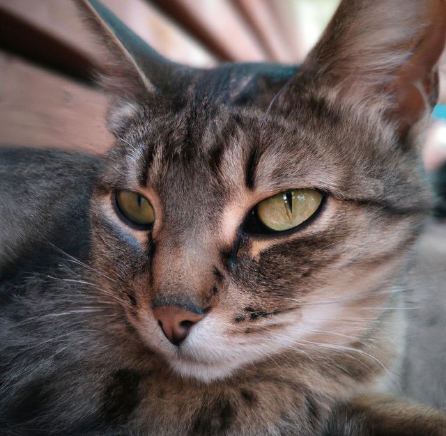 Close up of tabby cat with green eyes looking past camera, with blurred background. Domestic pet cat portrait.