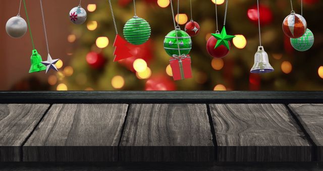 Festive Christmas Decorations Hanging Over Wood Surface - Download Free Stock Images Pikwizard.com