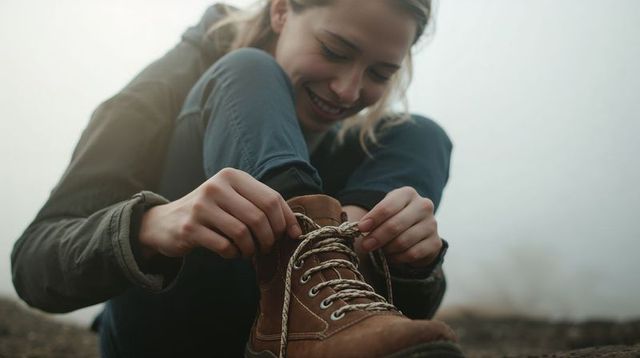 Smiling hiker fastening patterned laces on brown suede hiking boot at misty trail closeup