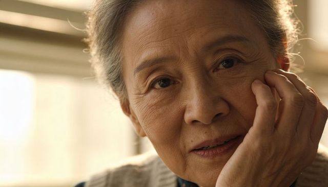 Senior asian woman resting cheek on hand by window blinds, contemplative closeup portrait