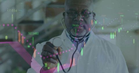 Doctor Holding Stethoscope Showing Data Overlay of Medical Analytics and Financial Charts