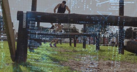 Outdoor Fitness Challenge With Futuristic Code Overlay