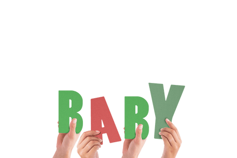 Transparent Hands Holding Colorful Baby Letters Text