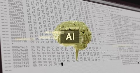 Gold Neural Brain HUD Above Hex Dump Code Visualization for Machine Learning Tech