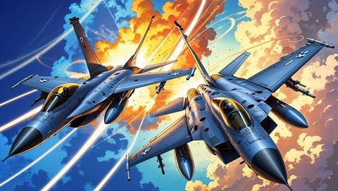 Epic aerial combat with f16 fighter jets near explosive burst