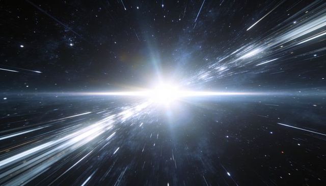 Blinding stellar flare radiating blue-white warp trails across deep space