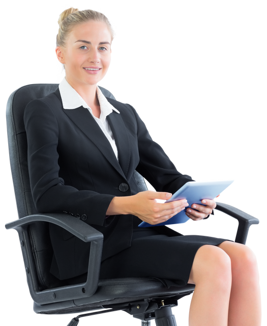 Transparent Businesswoman Sitting on Swivel Chair with Tablet - Download Free Stock Videos Pikwizard.com