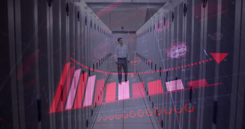Technician Analyzing Data Visualization in Modern Server Room