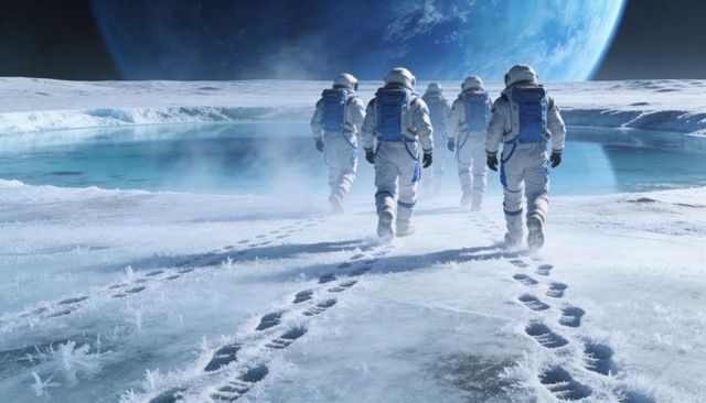 Astronauts Walking Across Frozen Lunar Crater Toward Turquoise Melt Pool