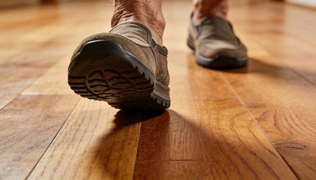 Senior walking on hardwood floor focusing on slip-on shoe sole and tread closeup wood texture