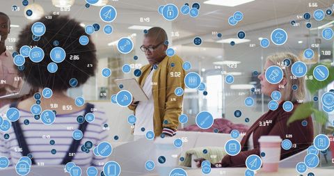 Office discussion with digital interface illustrations