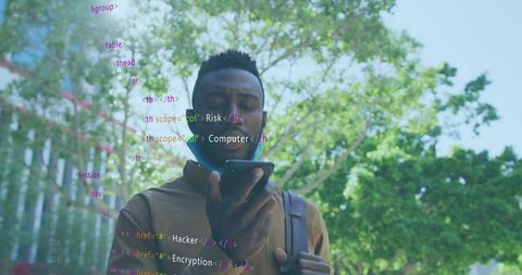 Man using smartphone on campus with AR code overlay representing cybersecurity and coding