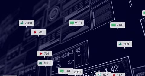 Futuristic data visualization dashboard with floating icons