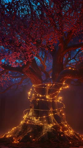 Vertical fantasy video of fairy lights uncoiling around enchanted red tree at twilight
