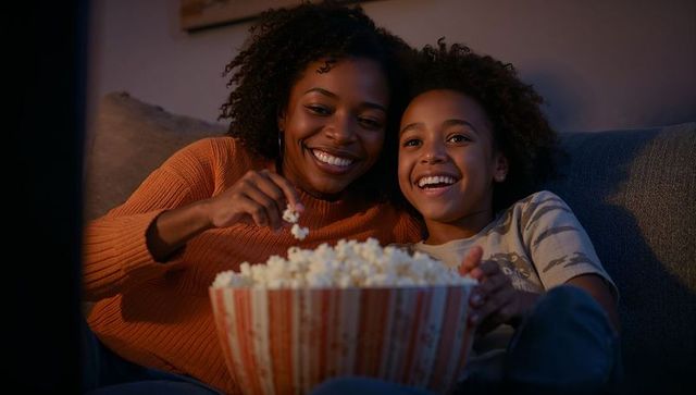 Black mother and daughter sharing popcorn on cozy couch at night enjoying family movie night