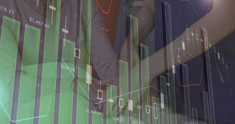 Businesswomen collaborating on tablet with financial charts overlay, analytics strategy
