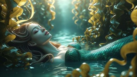 Tranquil mermaid among sunlit kelp fronds in enchanted waters