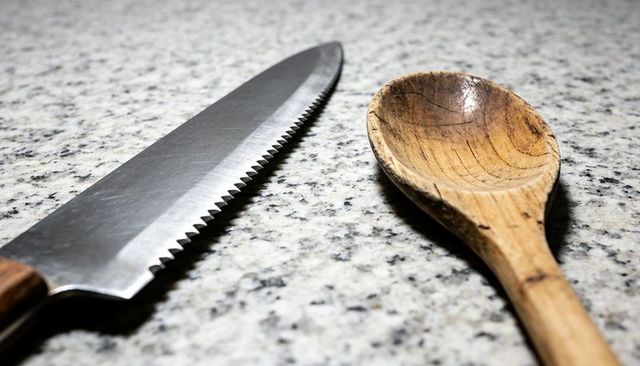 Serrated bread knife and worn wooden spoon on polished gray granite countertop