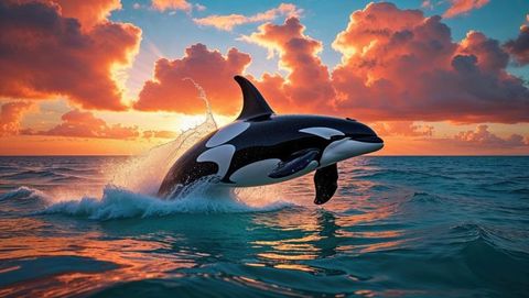 Orca Breaching in Vibrant Sunset Waves