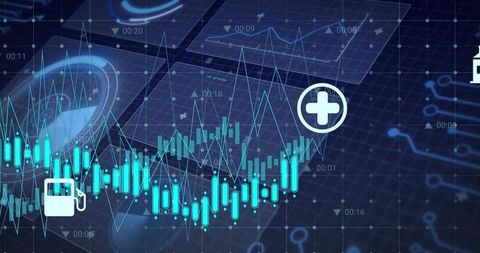 Neon Candlestick Market Analytics Merging Energy and Healthcare Icons for Data Dashboard